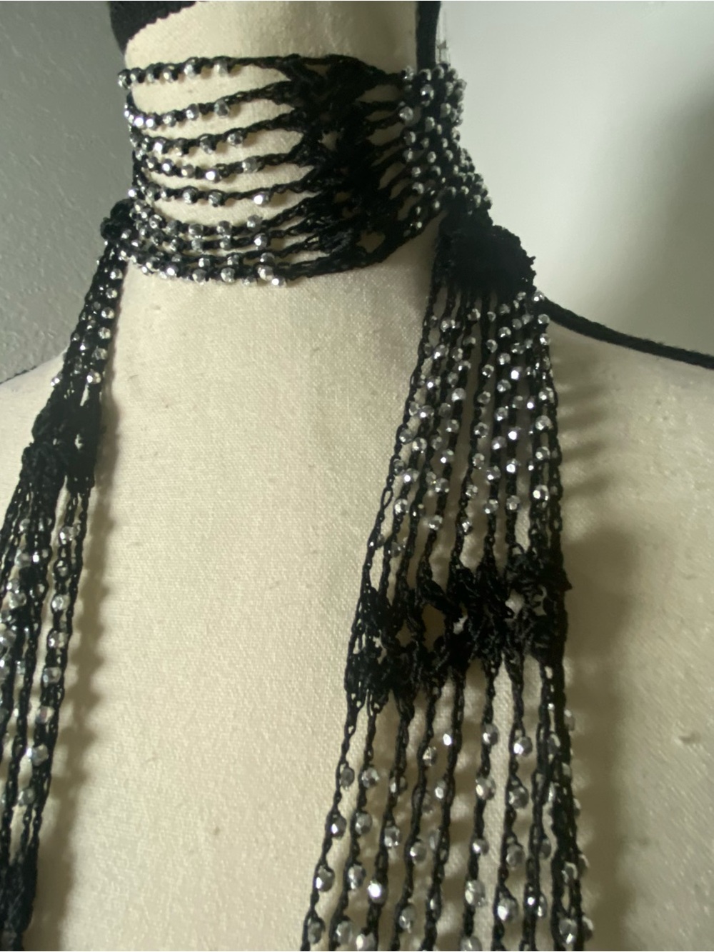 Y2K Black & Silver Beaded Crochet Fringe Skinny Scarf - Picture 3 of 5